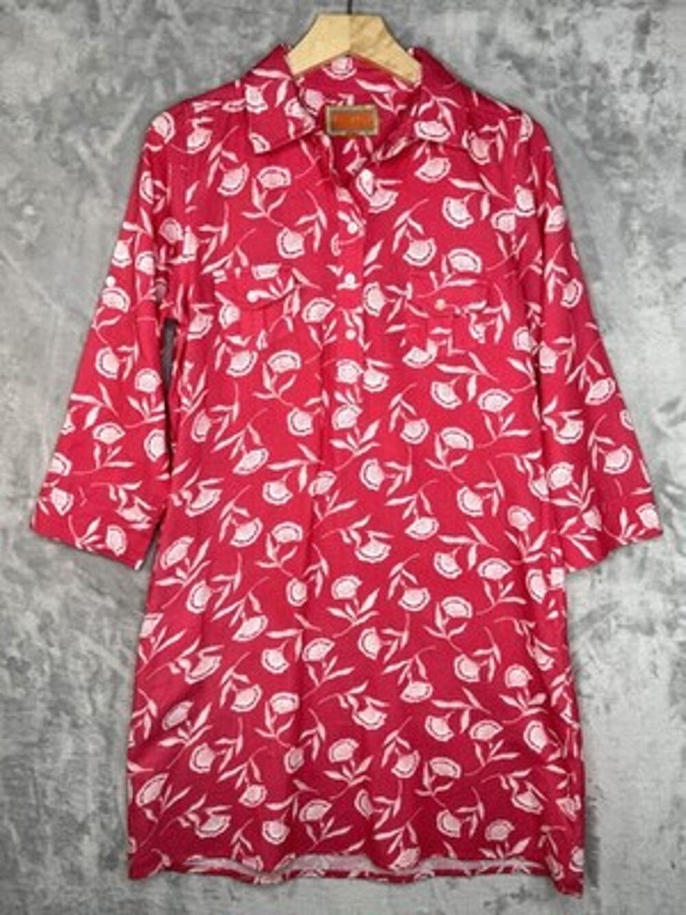La Plage Dress Womens Small Pink Floral Shirt 3/4 Sleeve Cotton Pockets Boho